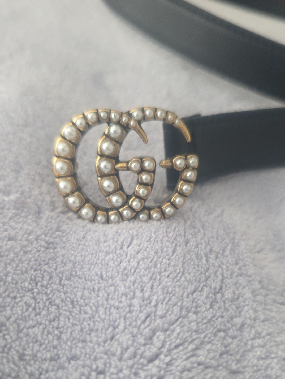 Gucci Black Leather Belt with Pearl-Studded Gold Double G Buckle